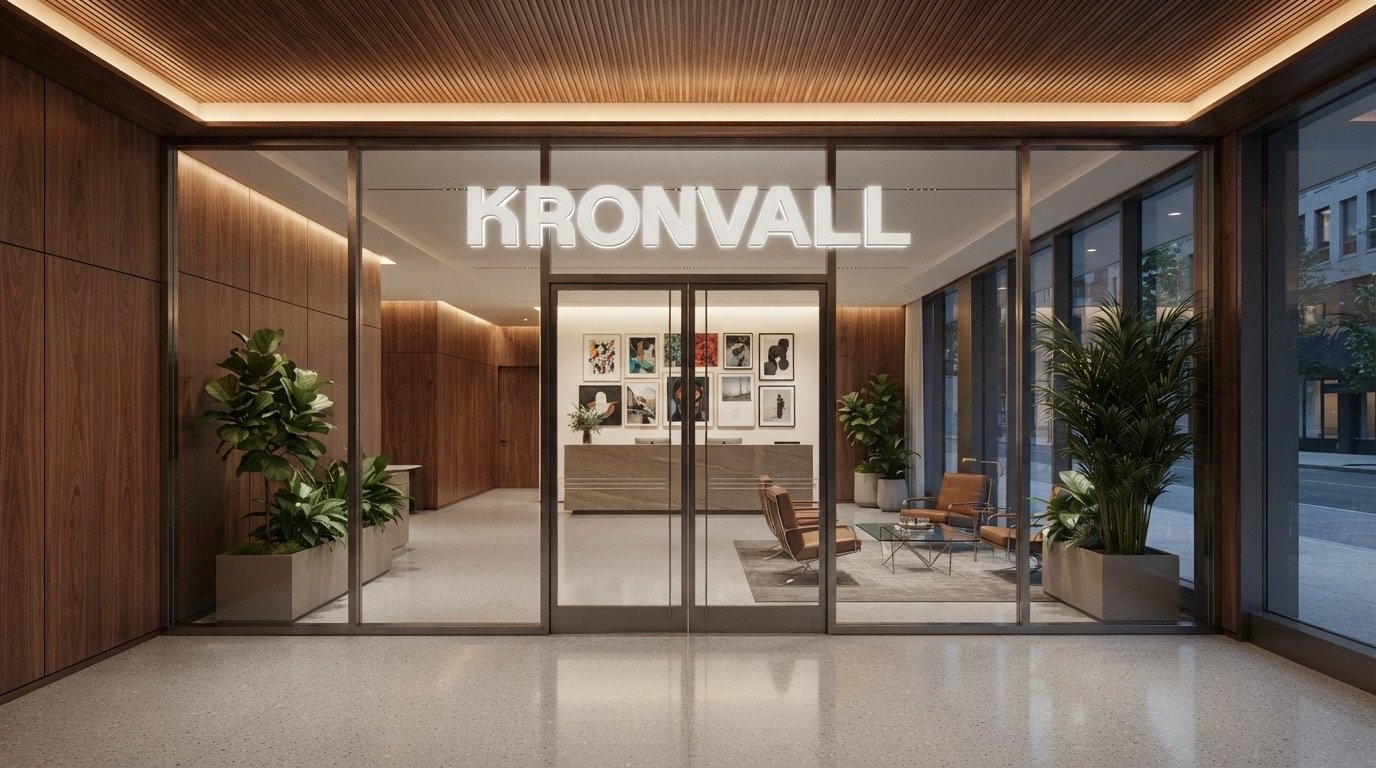 The Kronvall entrance, the wordmark lit above the reception doors